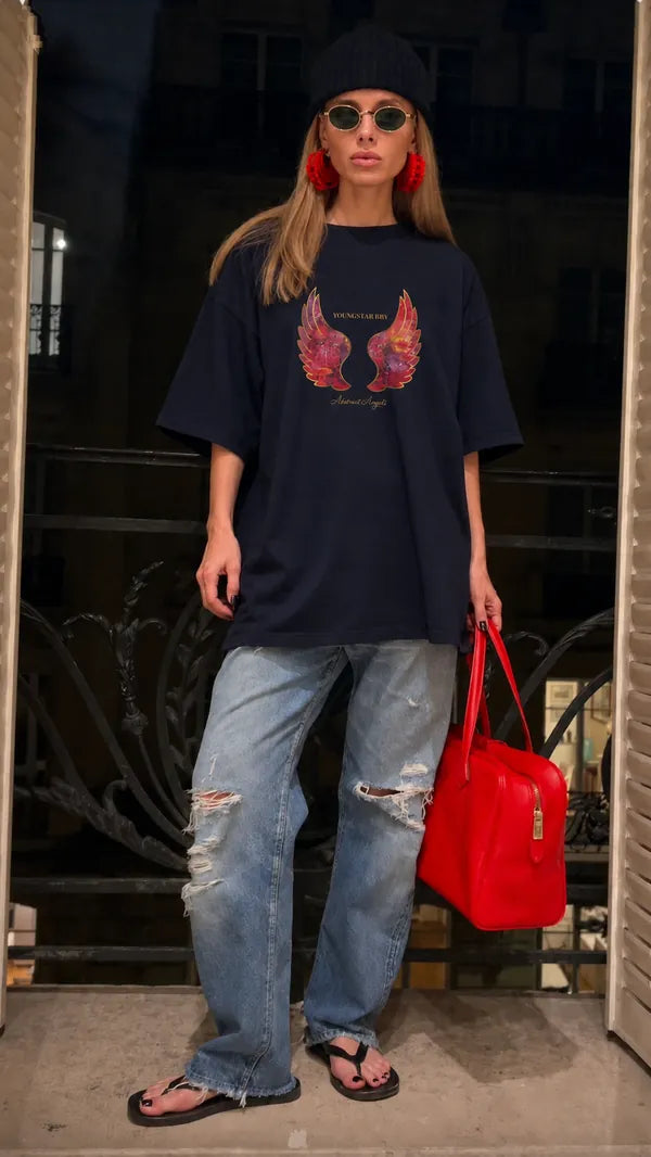 Navy graphic T-shirt styled for an evening city look