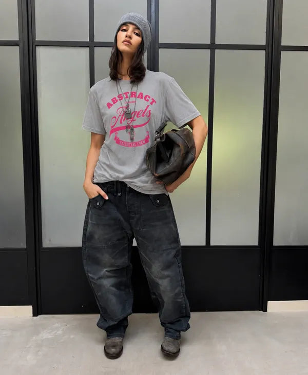 Grey Celestial Crew T-shirt styled with wide dark denim and a beanie