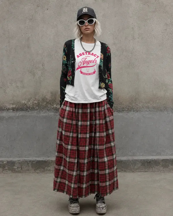 White Celestial Crew T-shirt with a floral cardigan and plaid maxi skirt