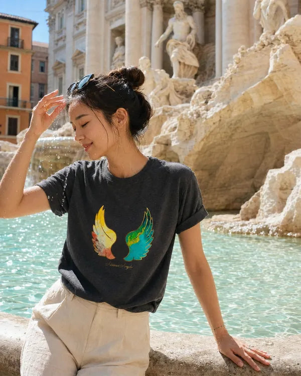 Charcoal wing-print T-shirt styled with linen trousers at a Roman fountain