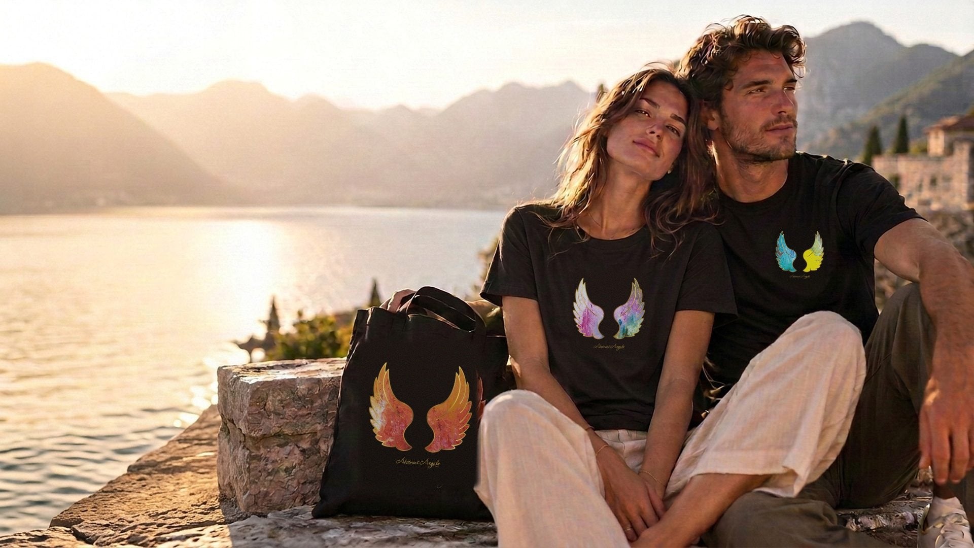 Paar bei Sonnenuntergang am See: sie trägt ein Abstract Angels T-Shirt mit Flügeln, er ein Shirt mit kleinem Logo, davor eine Stofftasche